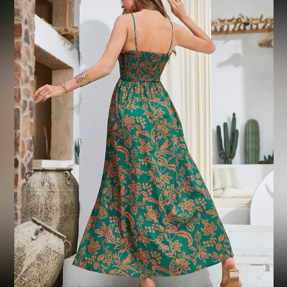 Boho Floral Paisleys Print Smocked Bodice Cami Maxi Dress - Picture 2 of 6